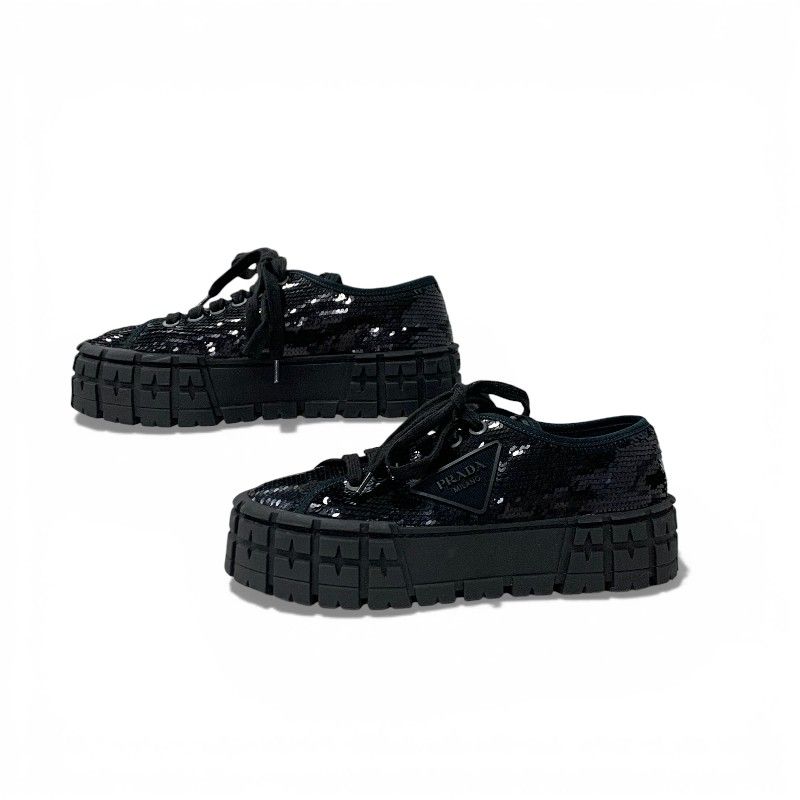 Prada Sneakers Shoes Sequins Black Logo Double Wheels — view 3