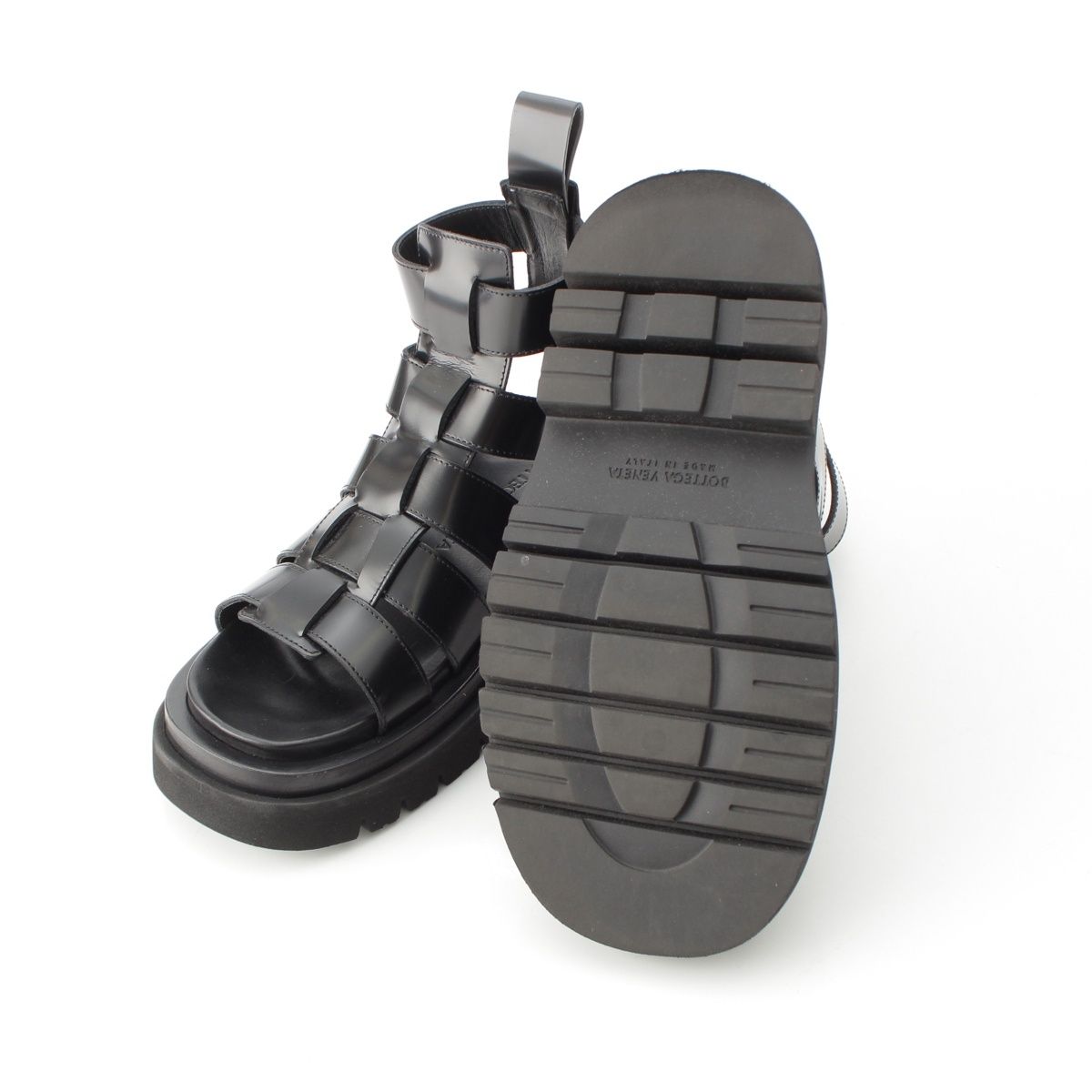 Bottega Veneta Leather Lug Flat Brushed Calf Strap Sandals Black 36 — view 5