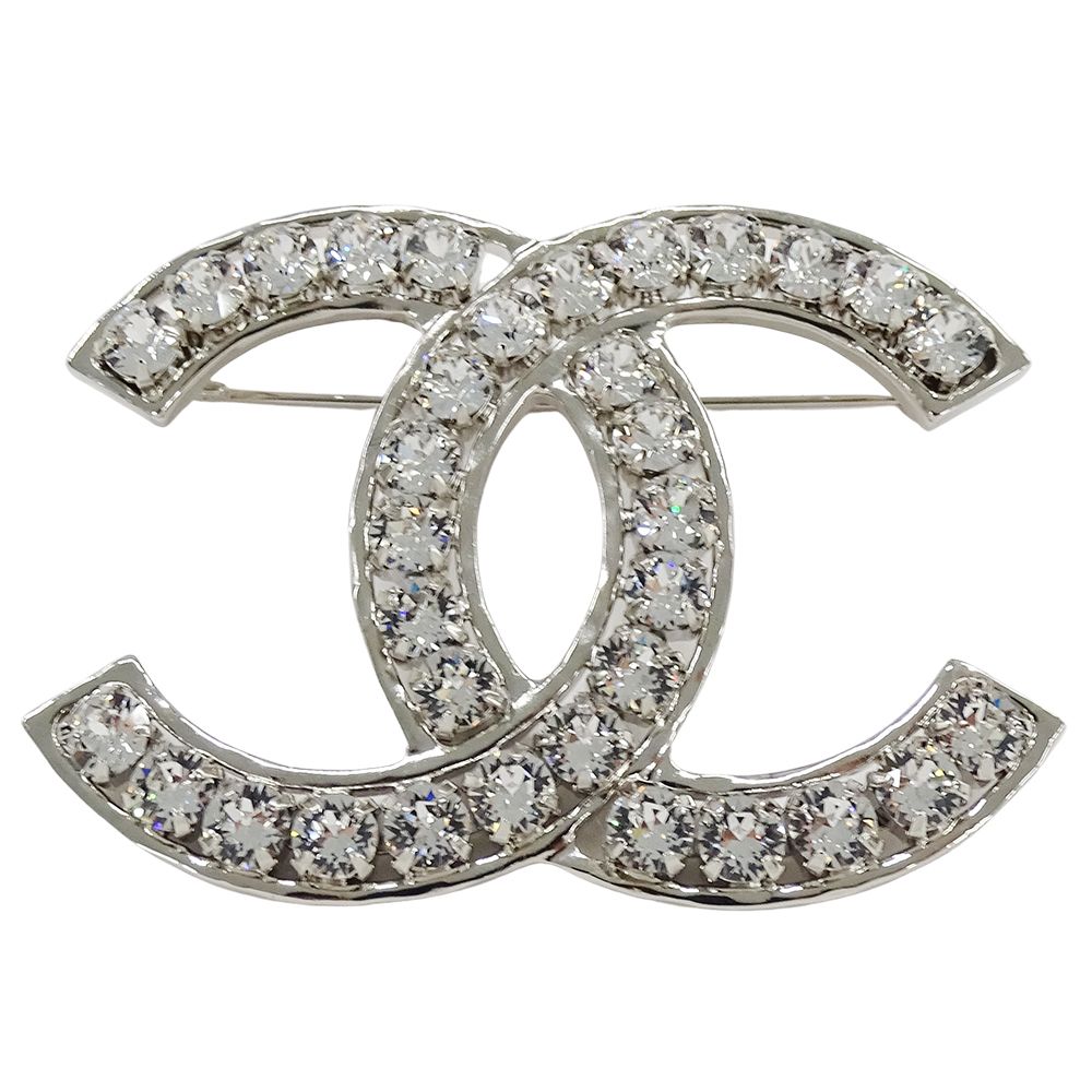 Chanel Brooch Metal Rhinestone CC Logo Silver Large Glitter — view 2