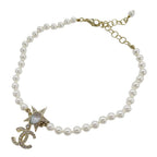 Chanel Choker Necklace Metal Rhinestone Faux Pearl Star CC Logo Gold White — view 5