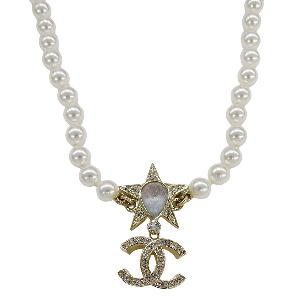 Chanel Choker Necklace Metal Rhinestone Faux Pearl Star CC Logo Gold White — view 2