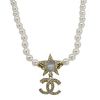 Chanel Choker Necklace Metal Rhinestone Faux Pearl Star CC Logo Gold White — view 2