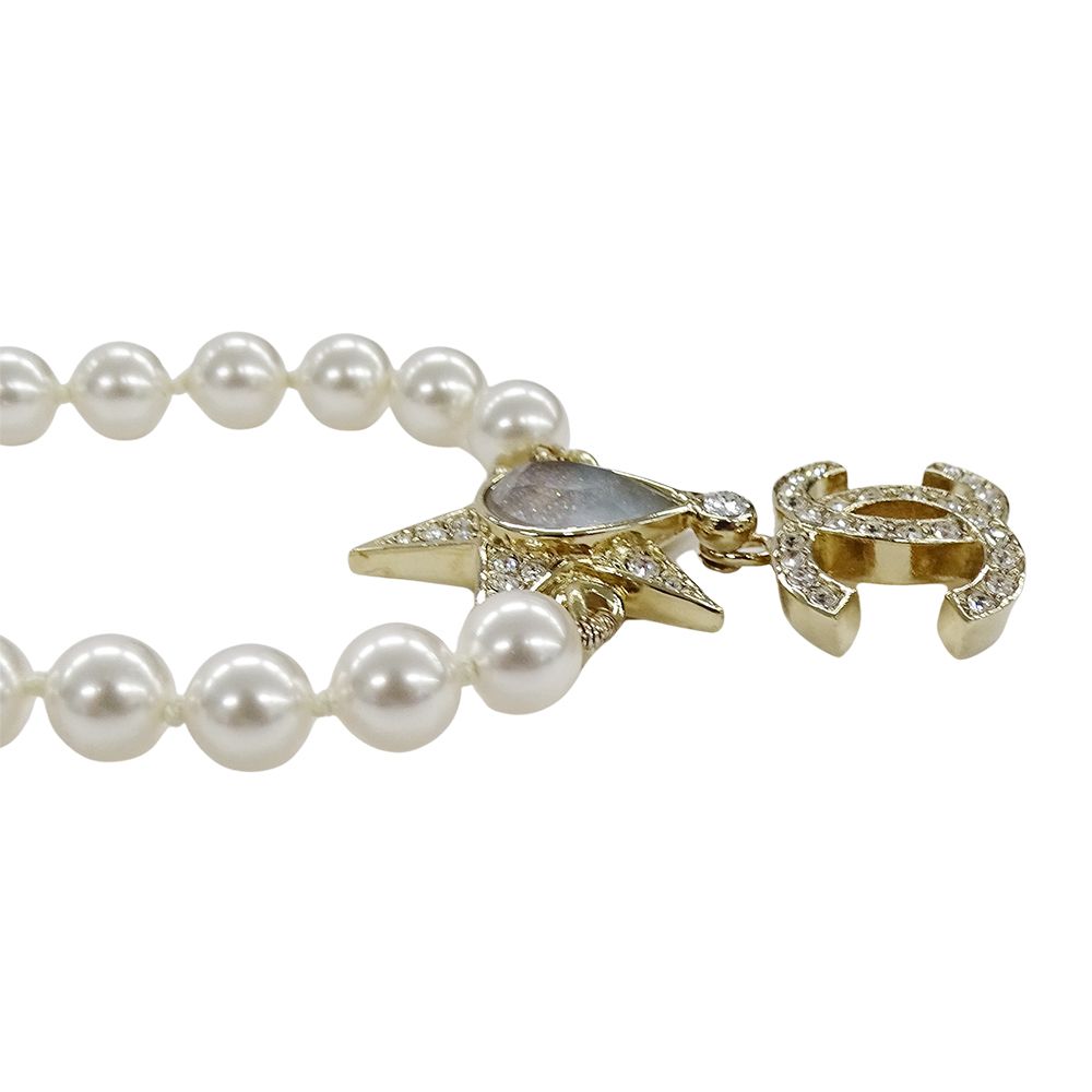 Chanel Choker Necklace Metal Rhinestone Faux Pearl Star CC Logo Gold White — view 3
