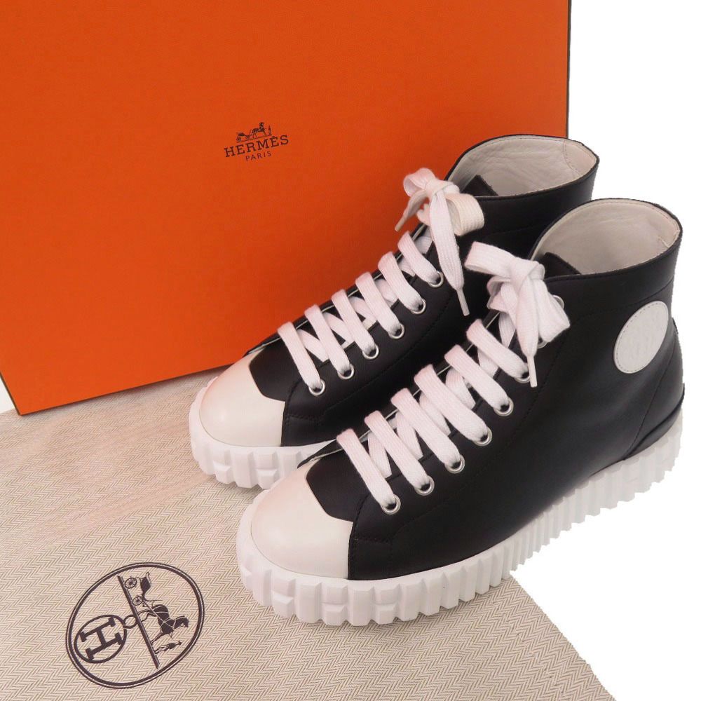Hermes Climb High Cut Sneakers 36 Calf Leather Noir Black White Shoes — view 2