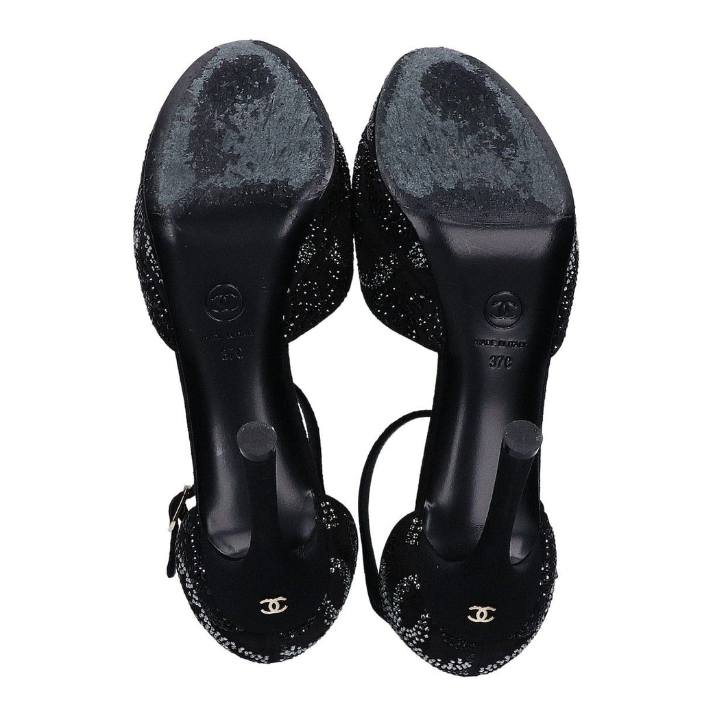 Chanel Suede Leather CC Logo Rhinestone Heel Sandals 37c — view 6