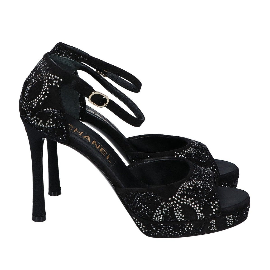 Chanel Suede Leather CC Logo Rhinestone Heel Sandals 37c — view 4