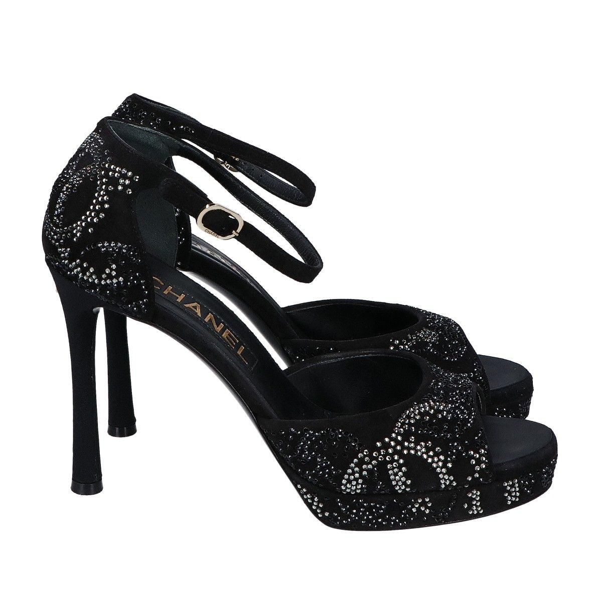 Chanel Suede Leather CC Logo Rhinestone Heel Sandals 37c — view 4