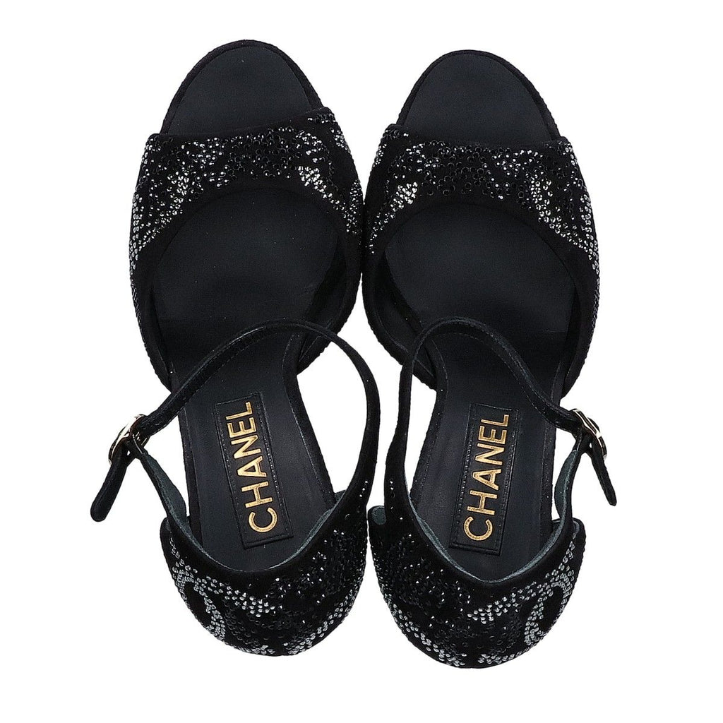 Chanel Suede Leather CC Logo Rhinestone Heel Sandals 37c — view 5