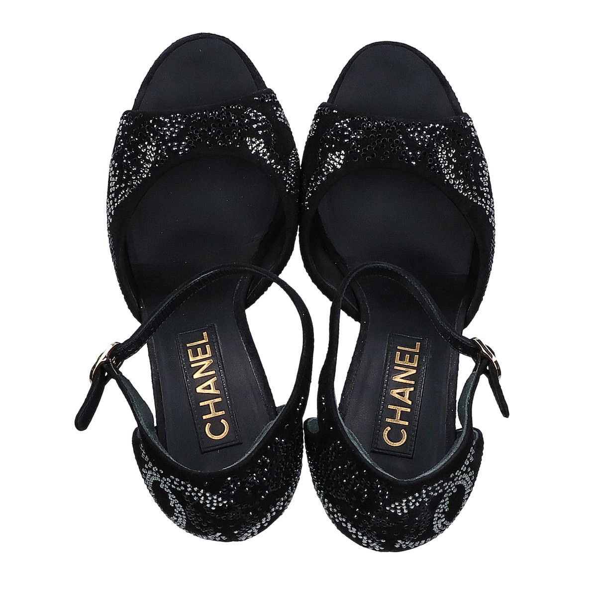 Chanel Suede Leather CC Logo Rhinestone Heel Sandals 37c — view 5
