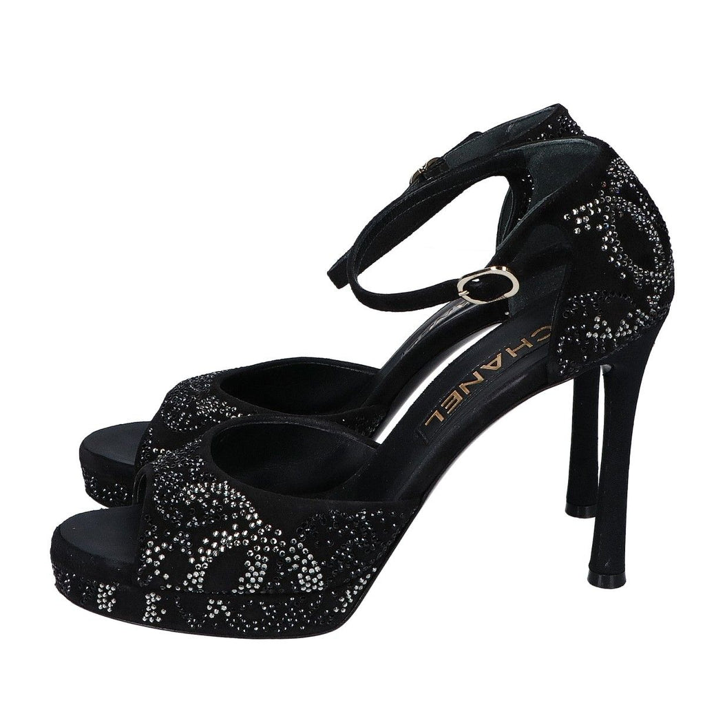 Chanel Suede Leather CC Logo Rhinestone Heel Sandals 37c — view 2