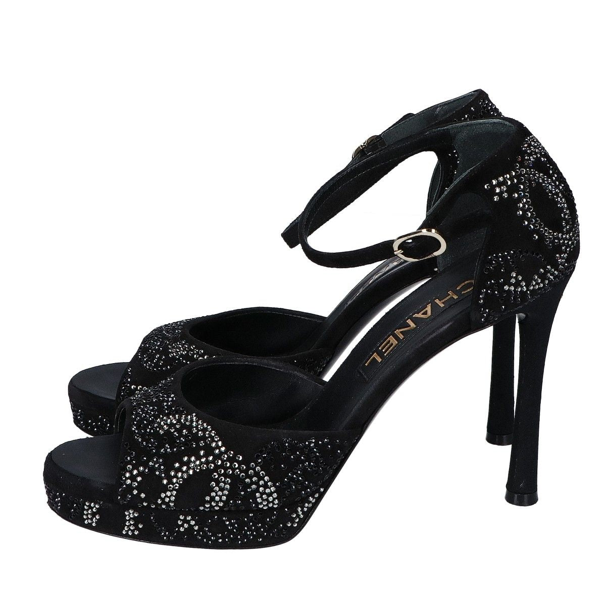 Chanel Suede Leather CC Logo Rhinestone Heel Sandals 37c — view 2