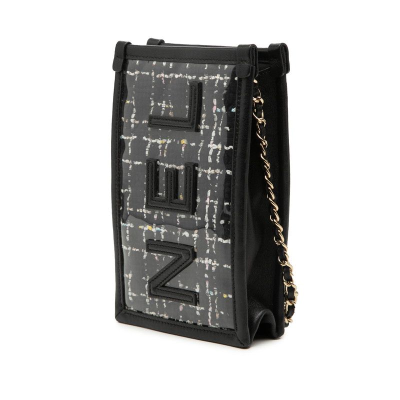 Chanel Logo Tweed Chain Shoulder Bag Phone Case Black Vinyl Leather — view 2