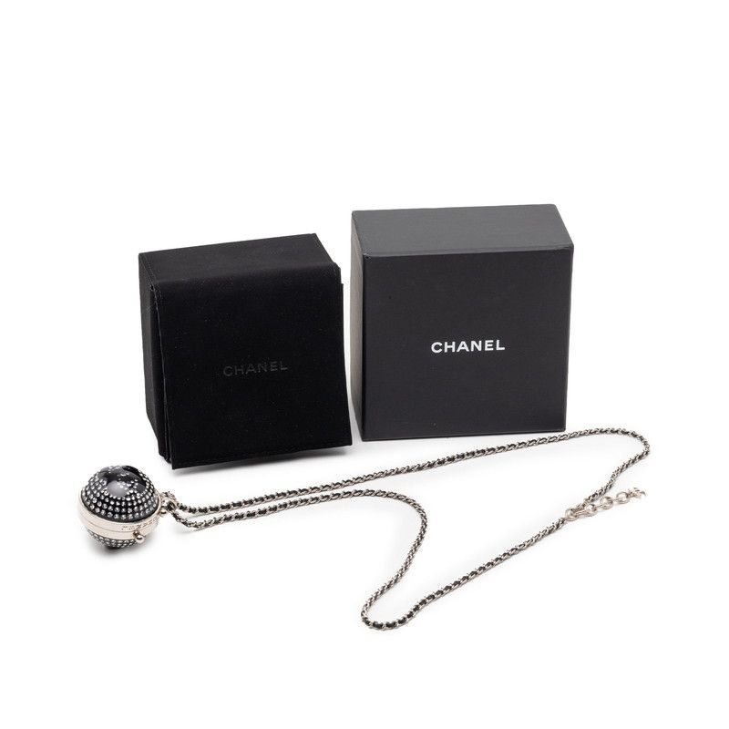 Chanel CC Logo Rhinestone Mila Necklace Silver Black Metal Leather — view 7