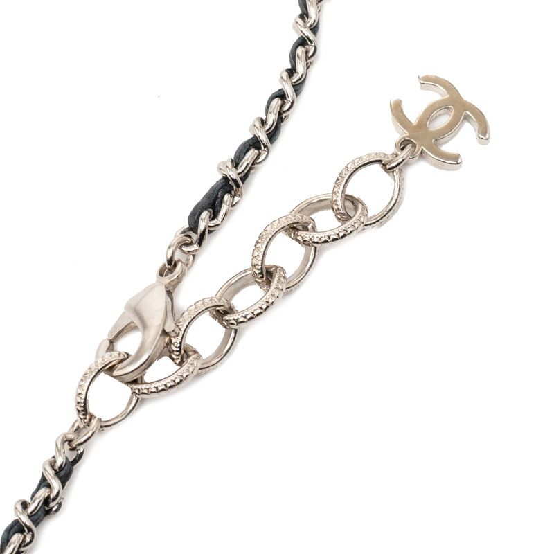 Chanel CC Logo Rhinestone Mila Necklace Silver Black Metal Leather — view 4