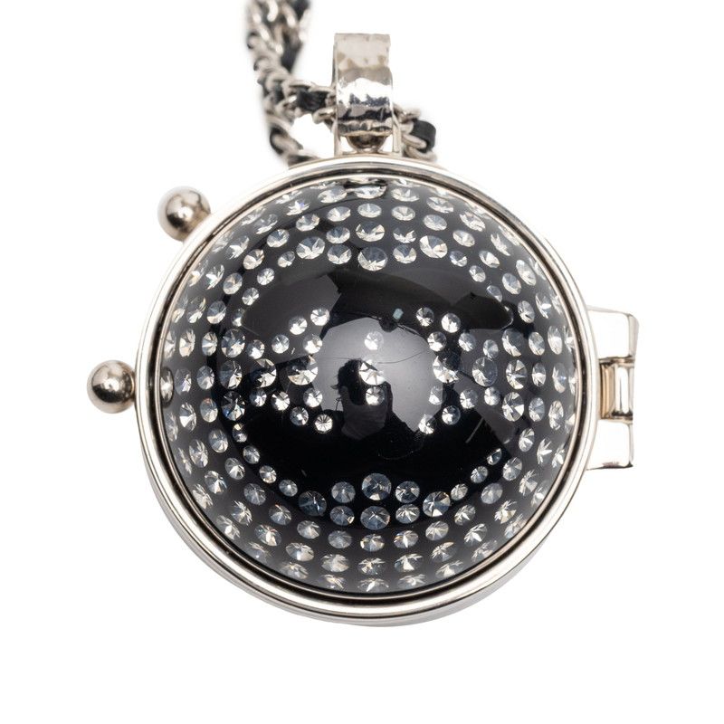 Chanel CC Logo Rhinestone Mila Necklace Silver Black Metal Leather — view 2