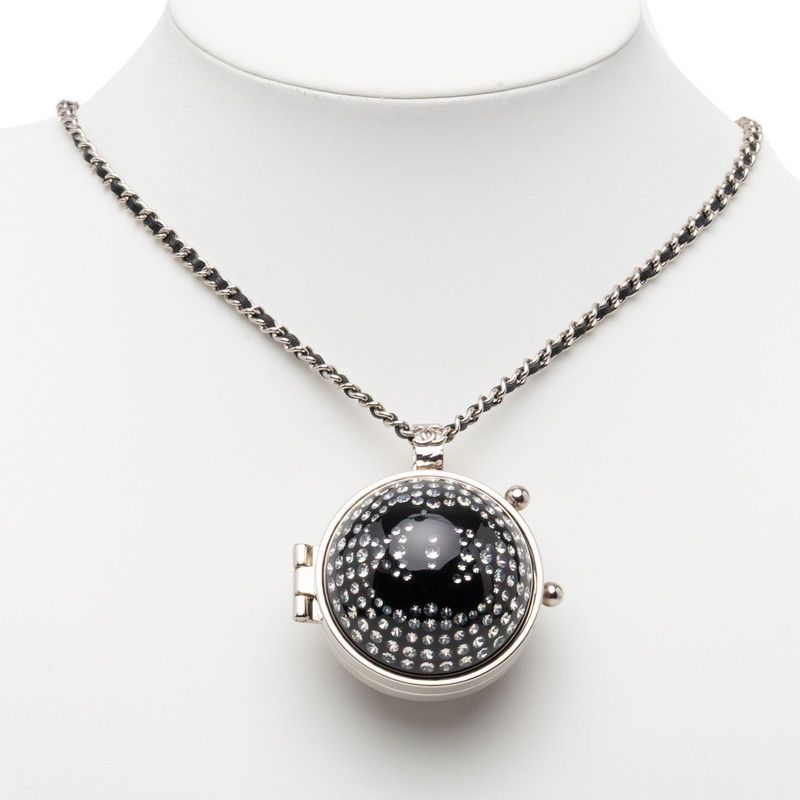 Chanel CC Logo Rhinestone Mila Necklace Silver Black Metal Leather — view 6
