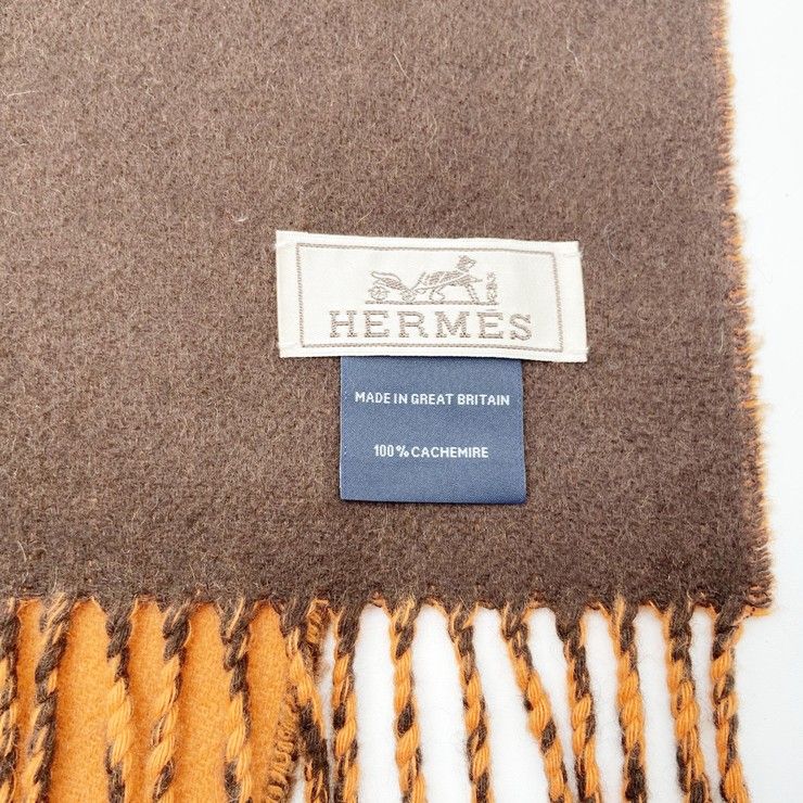Hermes Scarf Orange Brown Cashmere Logo Bicolor — view 4