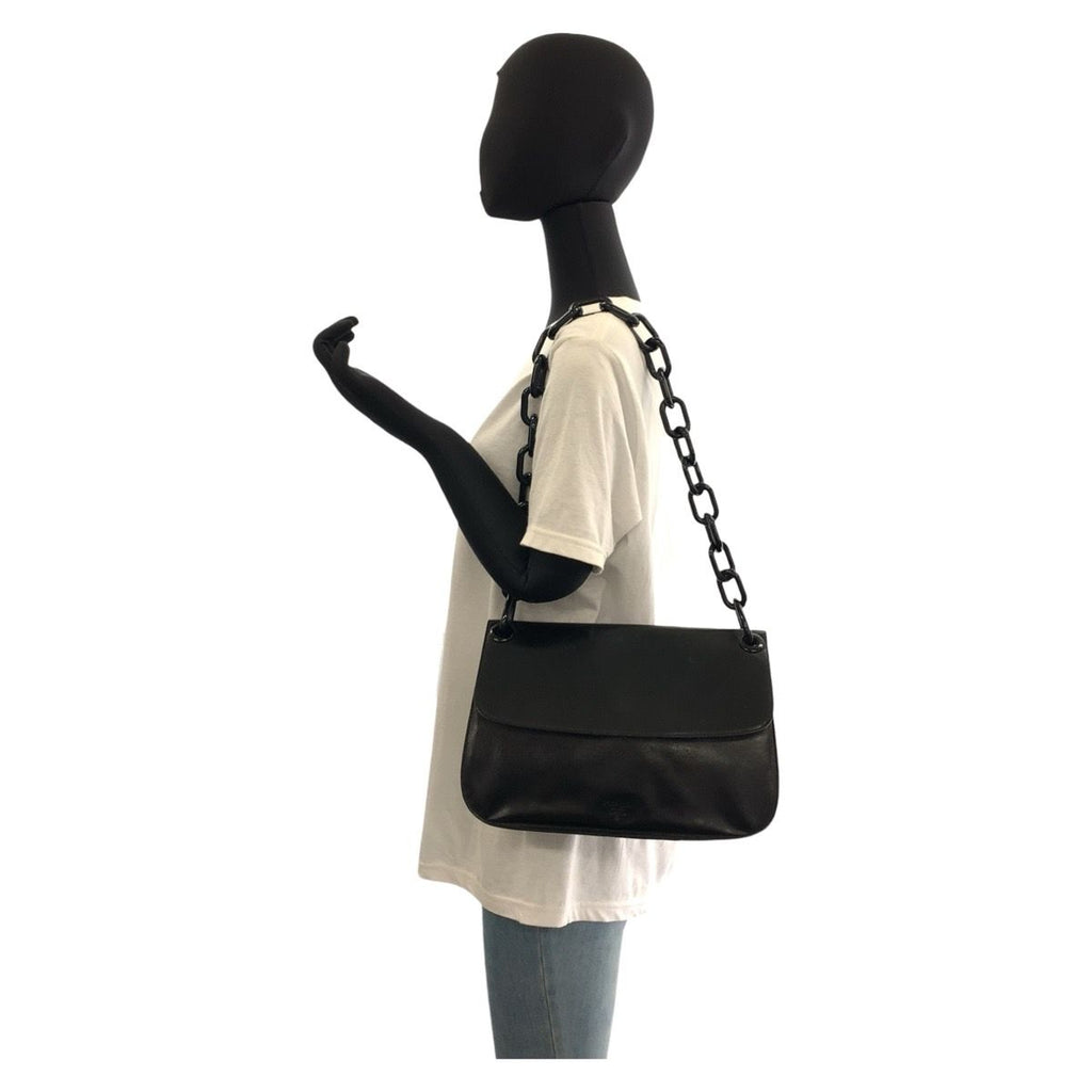 Prada Logo Embossed Black Leather Plastic Chain Shoulder Bag — view 7