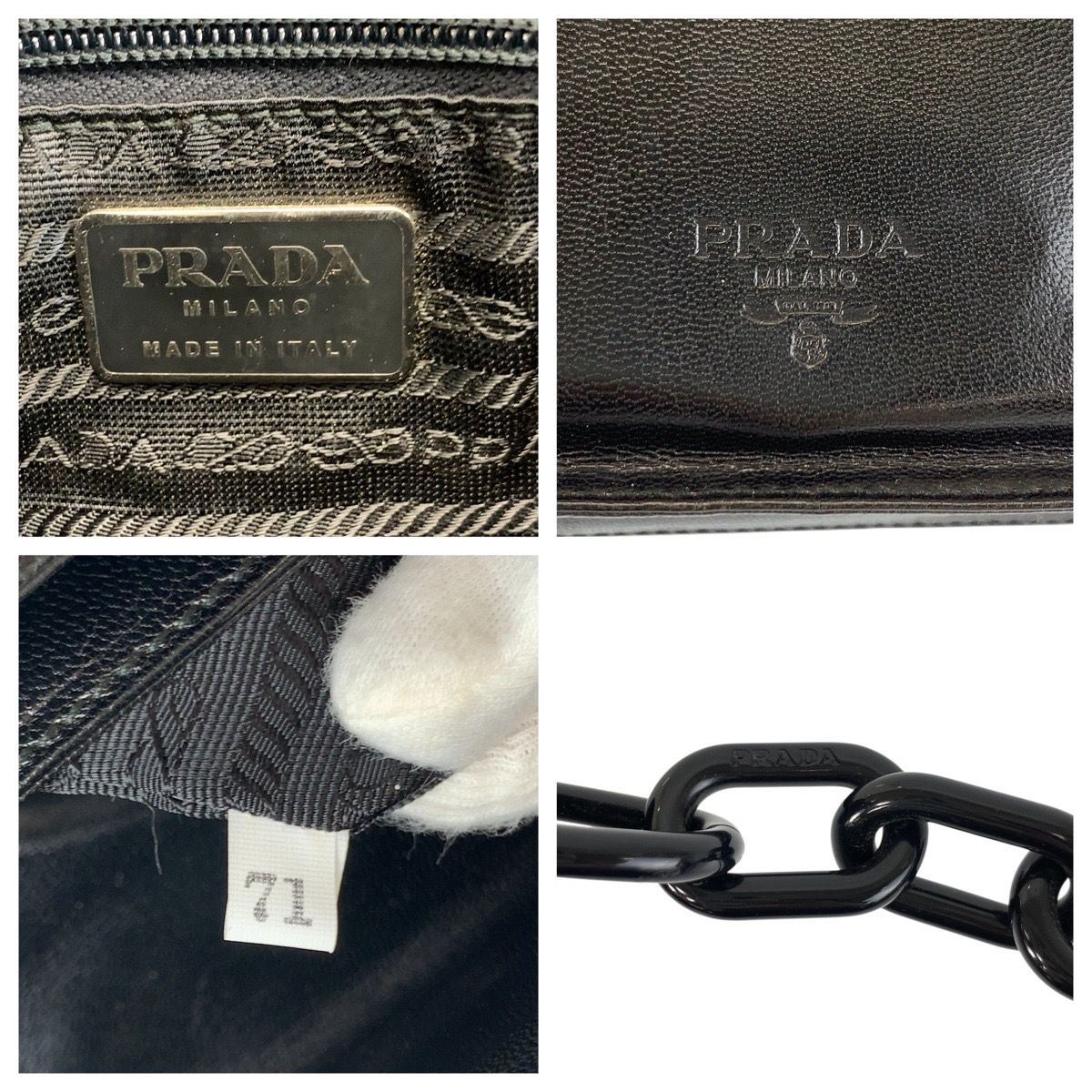 Prada Logo Embossed Black Leather Plastic Chain Shoulder Bag — view 4