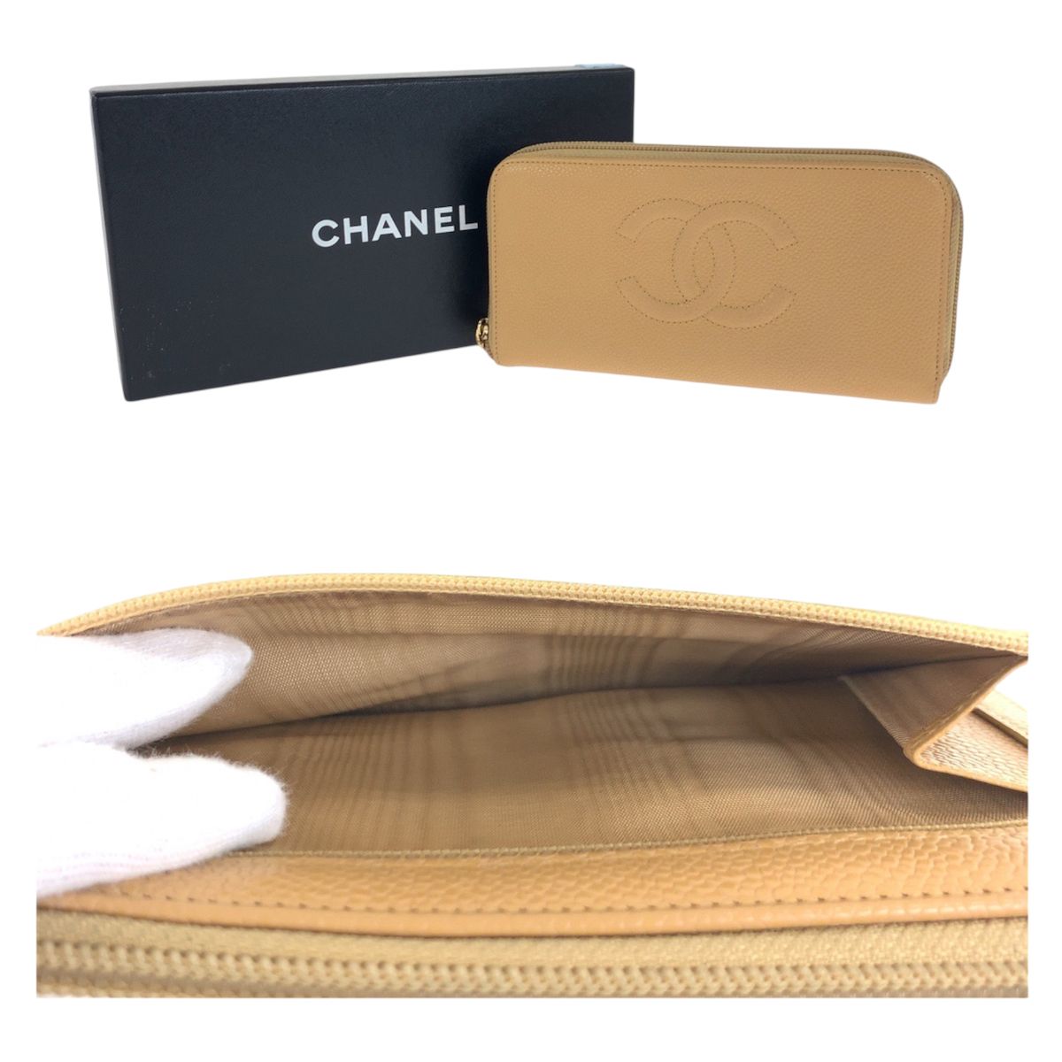 Chanel CC Logo Beige Gold Caviar Leather Wallet Zip Around — view 8