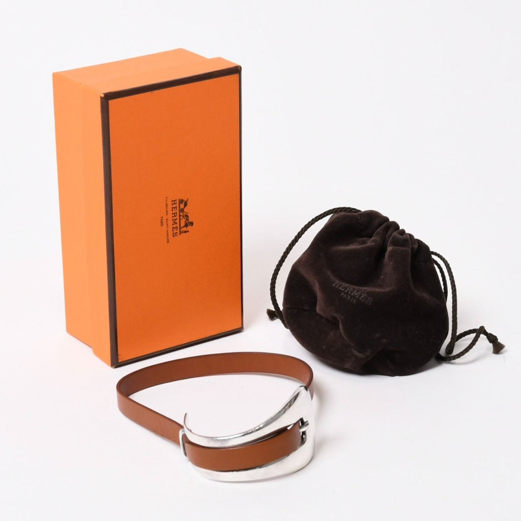 Hermes Belt Motif Leather Bracelet Brown 925 Sterling Silver