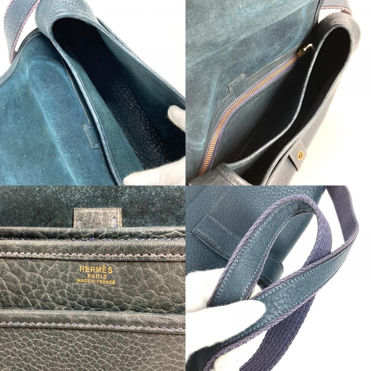 Hermes Shoulder Bag Logo Noumea Leather Navy — view 7