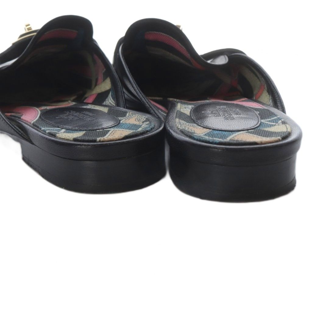 Hermes OZ Kelly Buckle Sandals Low Heel Leather 37.5 Black — view 9