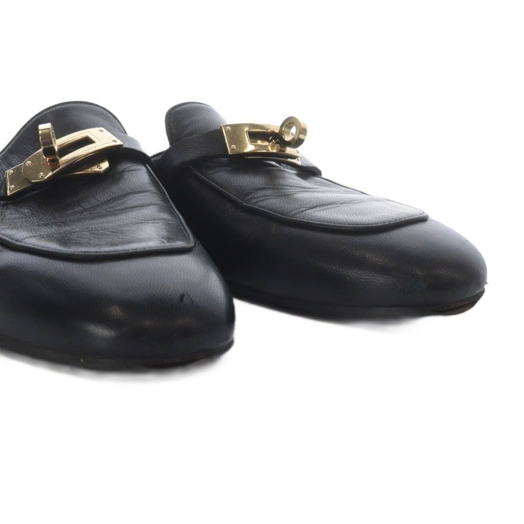 Hermes OZ Kelly Buckle Sandals Low Heel Leather 37.5 Black — view 8
