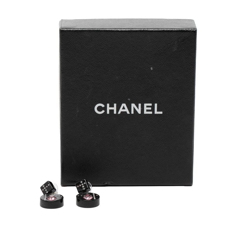 Chanel CC Logo Heart Earrings Silver Black Pink Metal Rhinestone — view 5