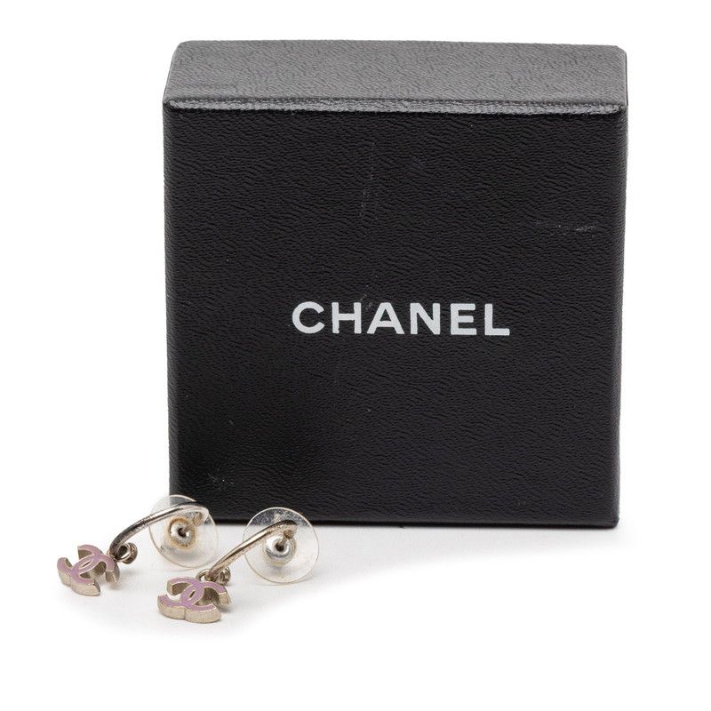 Chanel CC Logo Earrings Silver Pink Metal — view 6