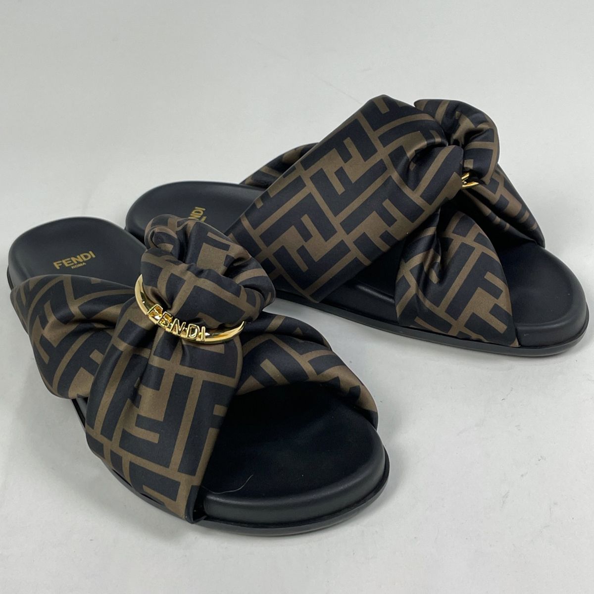 Fendi Feel Zucca Pattern Flat Sandals Shoes Leather Brown Black — view 7