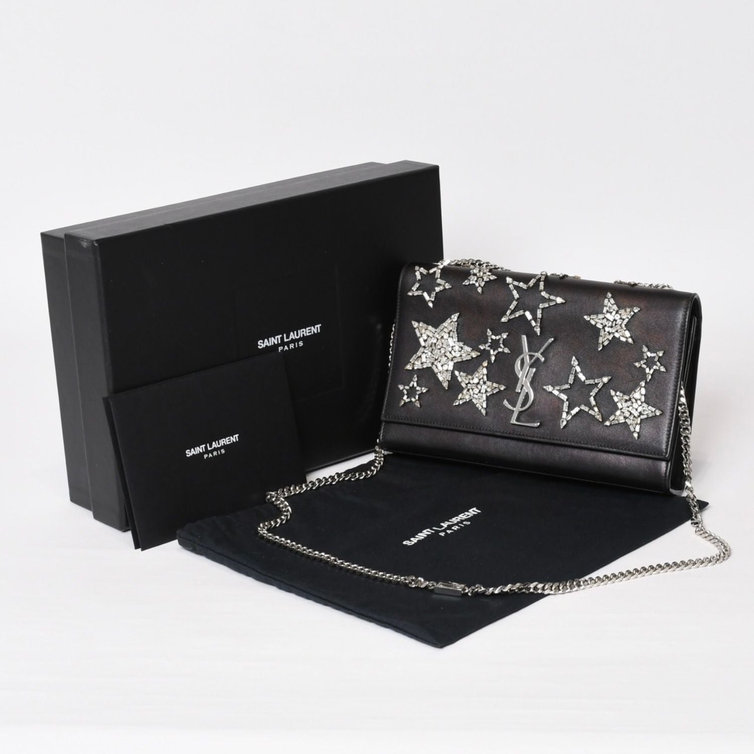 Saint Laurent Shoulder Bag YSL Logo Star Studs Leather Gold Black