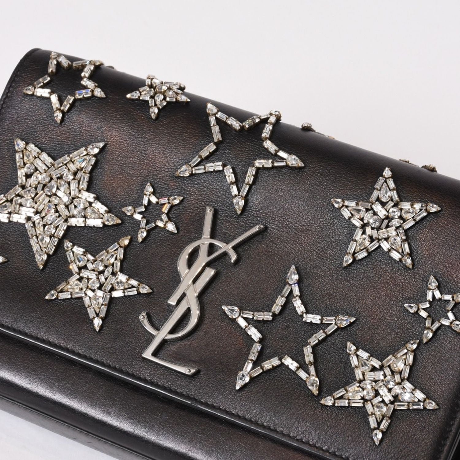 Saint Laurent Shoulder Bag YSL Logo Star Studs Leather Gold Black — view 5