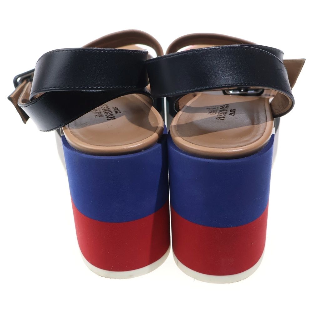 Hermes Wedge Sole Multicolor Leather Strap Platform Sandals Shoes Black Beige — view 3