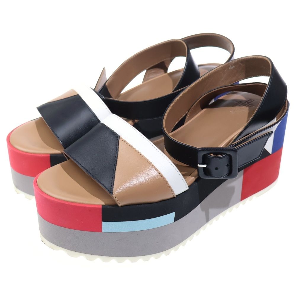 Hermes Wedge Sole Multicolor Leather Strap Platform Sandals Shoes Black Beige — view 2