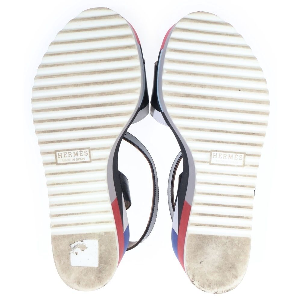 Hermes Wedge Sole Multicolor Leather Strap Platform Sandals Shoes Black Beige — view 5
