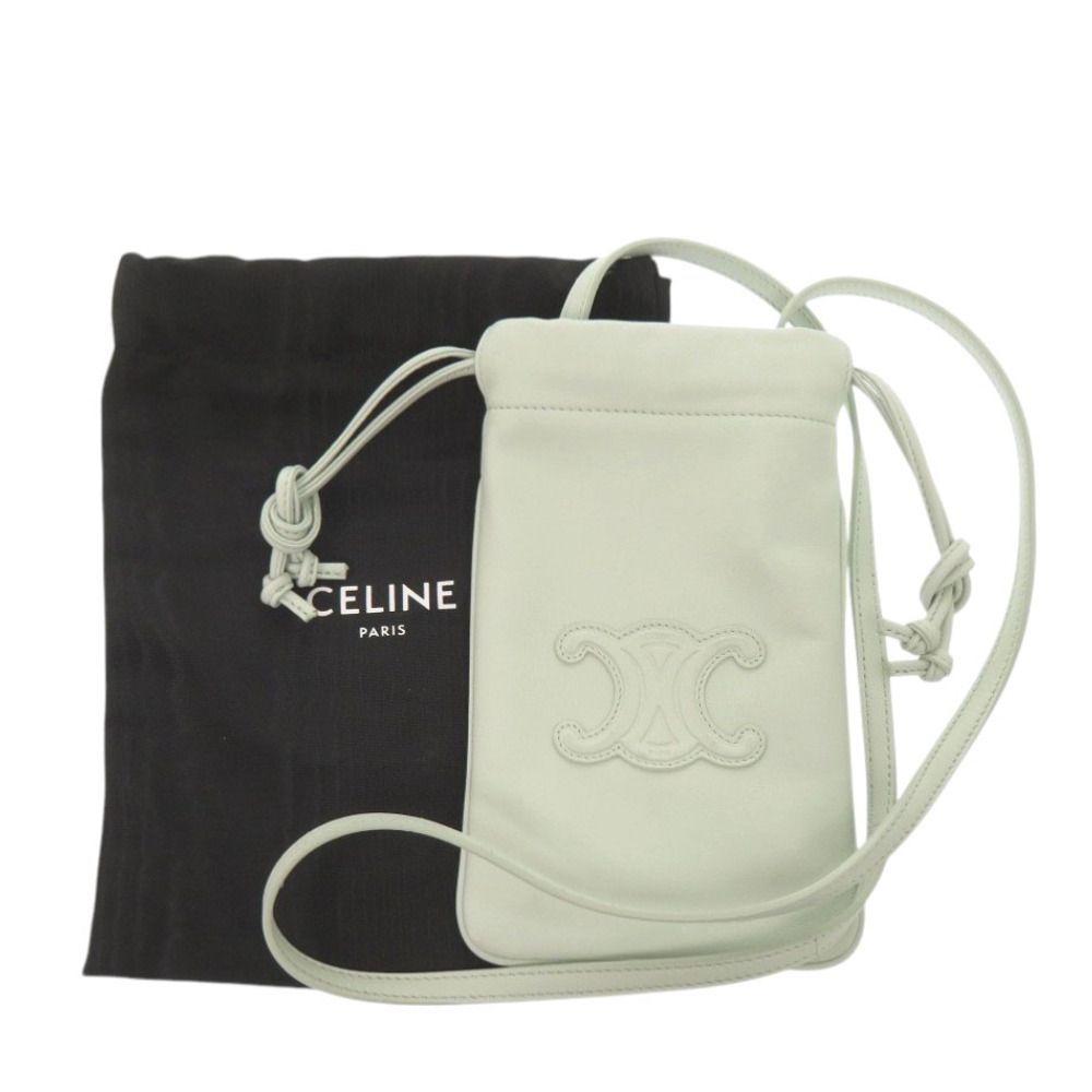 Celine Triomphe Drawstring Phone Pouch Leather Light Green Shoulder Bag — view 2
