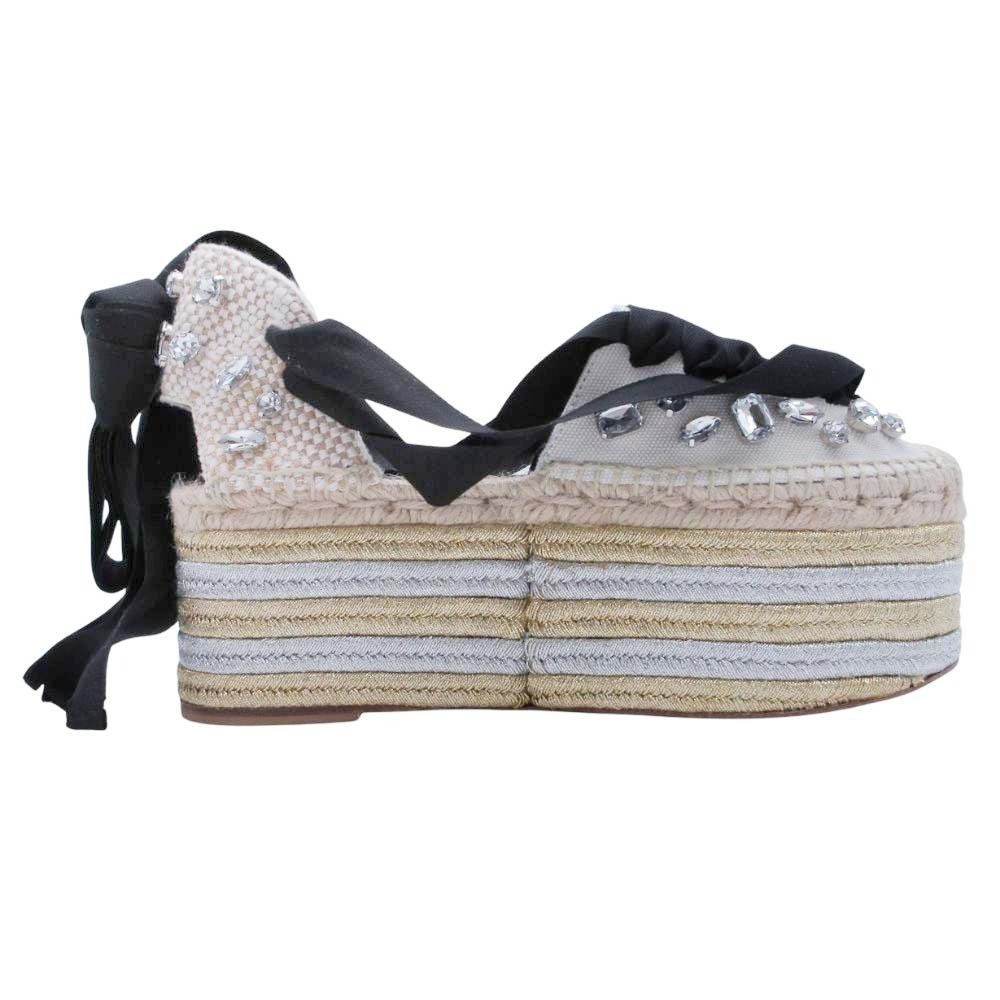Loewe Paula S Ibiza Crystal Ribbon Espadrille Sandals Wedge Sole 38 Black — view 2