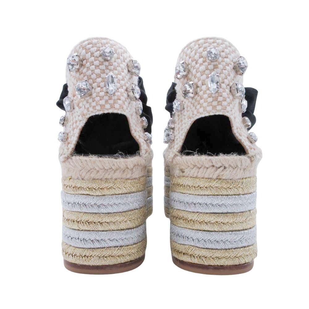 Loewe Paula S Ibiza Crystal Ribbon Espadrille Sandals Wedge Sole 38 Black — view 3