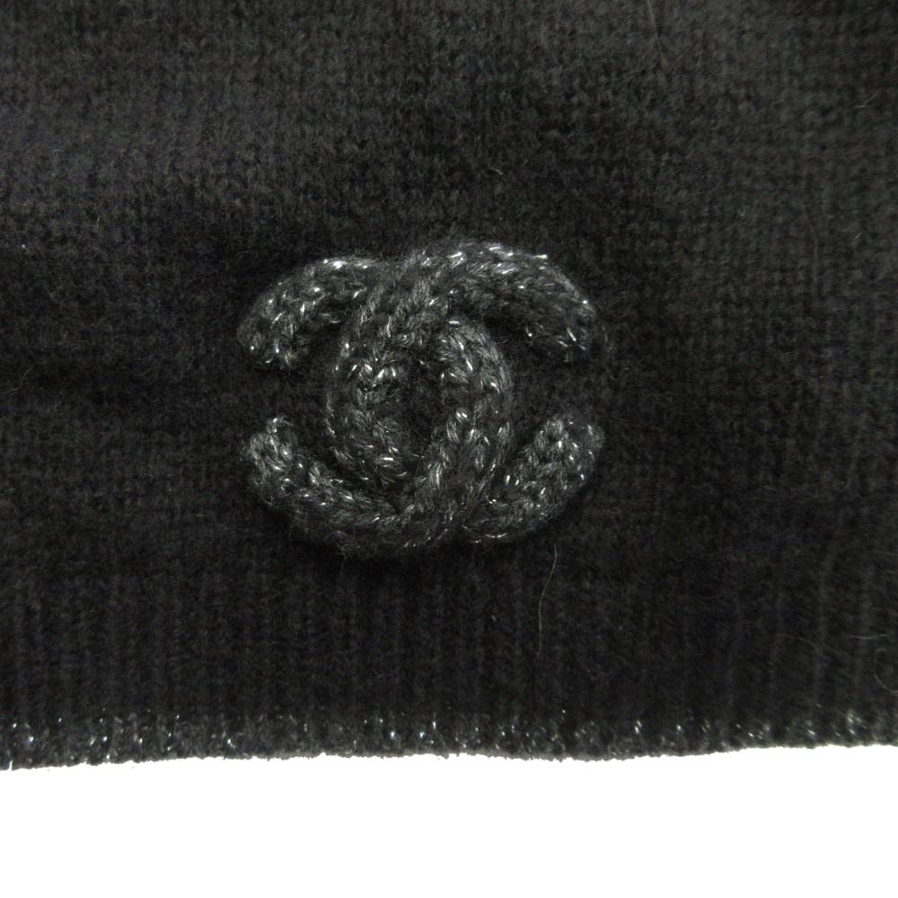 Chanel CC Logo Cashmere Silk Knit Cap Beanie Cap Lame Black Gray — view 3