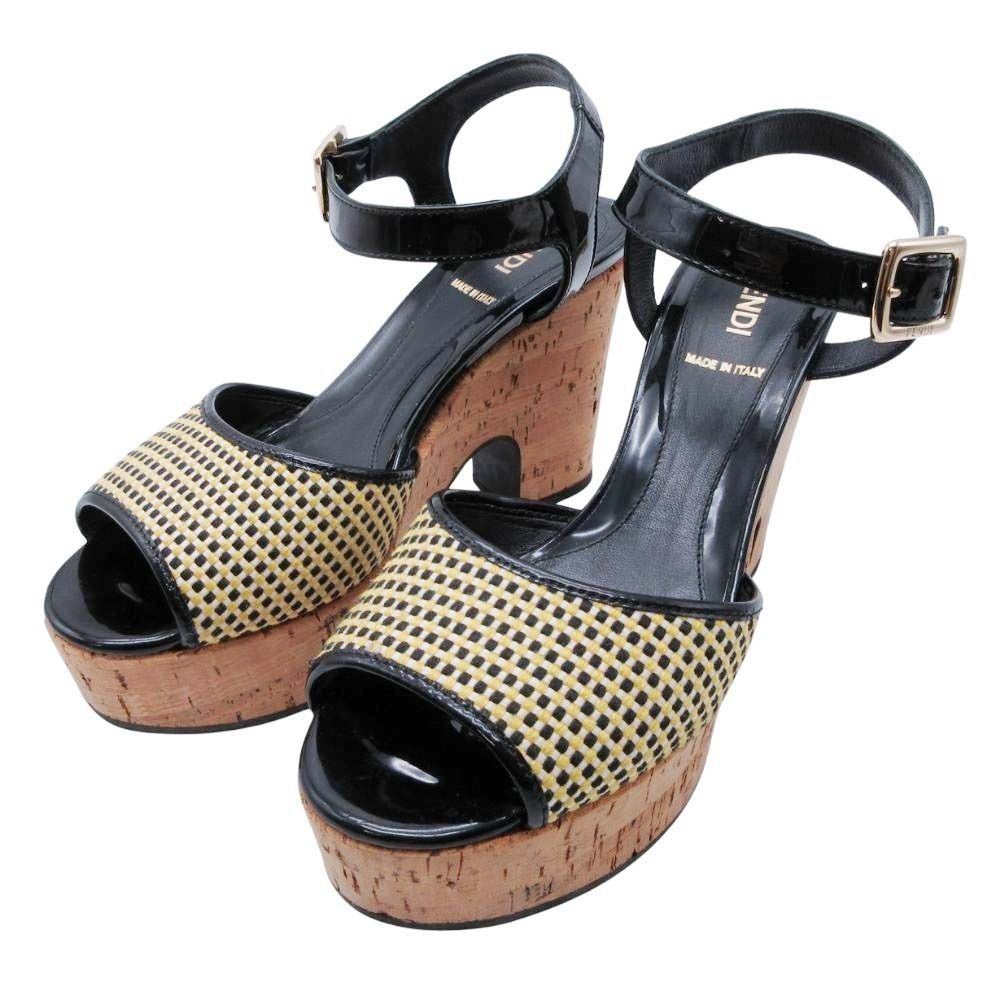 Fendi Frendi Cork Sole Thick Strap Sandals Shoes Enamel 35.5 Black Beige — view 3