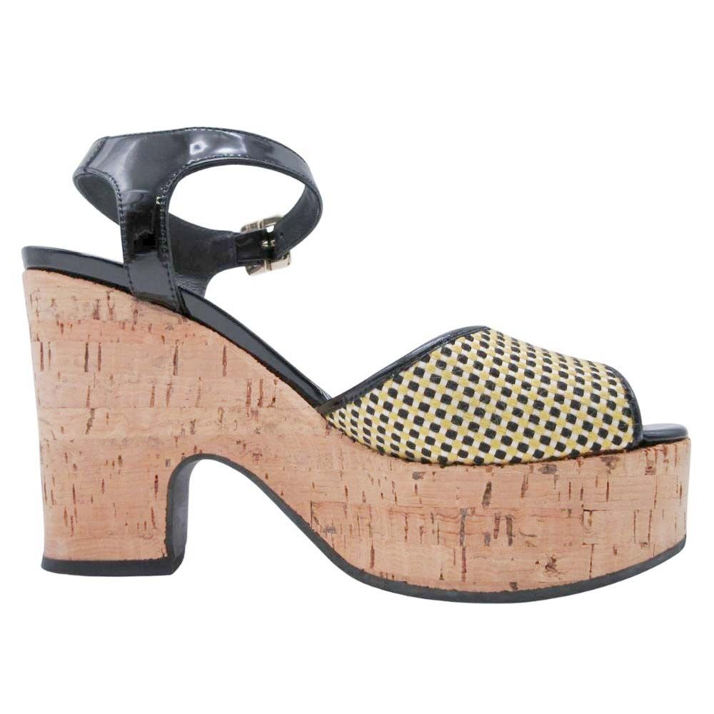 Fendi Frendi Cork Sole Thick Strap Sandals Shoes Enamel 35.5 Black Beige — view 2