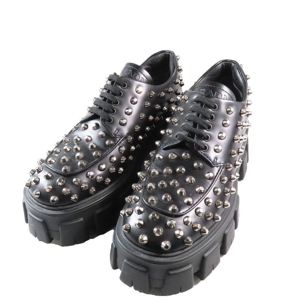Prada 714 Monolith Brushed Leather Thick Sole Studded Loafers Lace Up Shoes — view 3