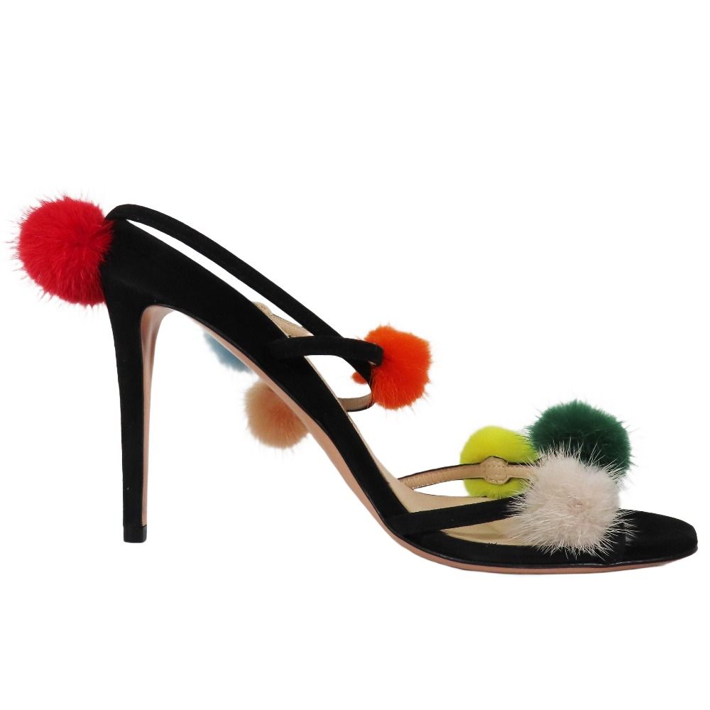 Fendi Fur Pom Sandals High Heels Shoes Ankle Strap Suede Leather 39 Black — view 4