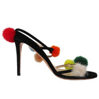 Fendi Fur Pom Sandals High Heels Shoes Ankle Strap Suede Leather 39 Black — view 4