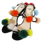 Fendi Fur Pom Sandals High Heels Shoes Ankle Strap Suede Leather 39 Black — view 2