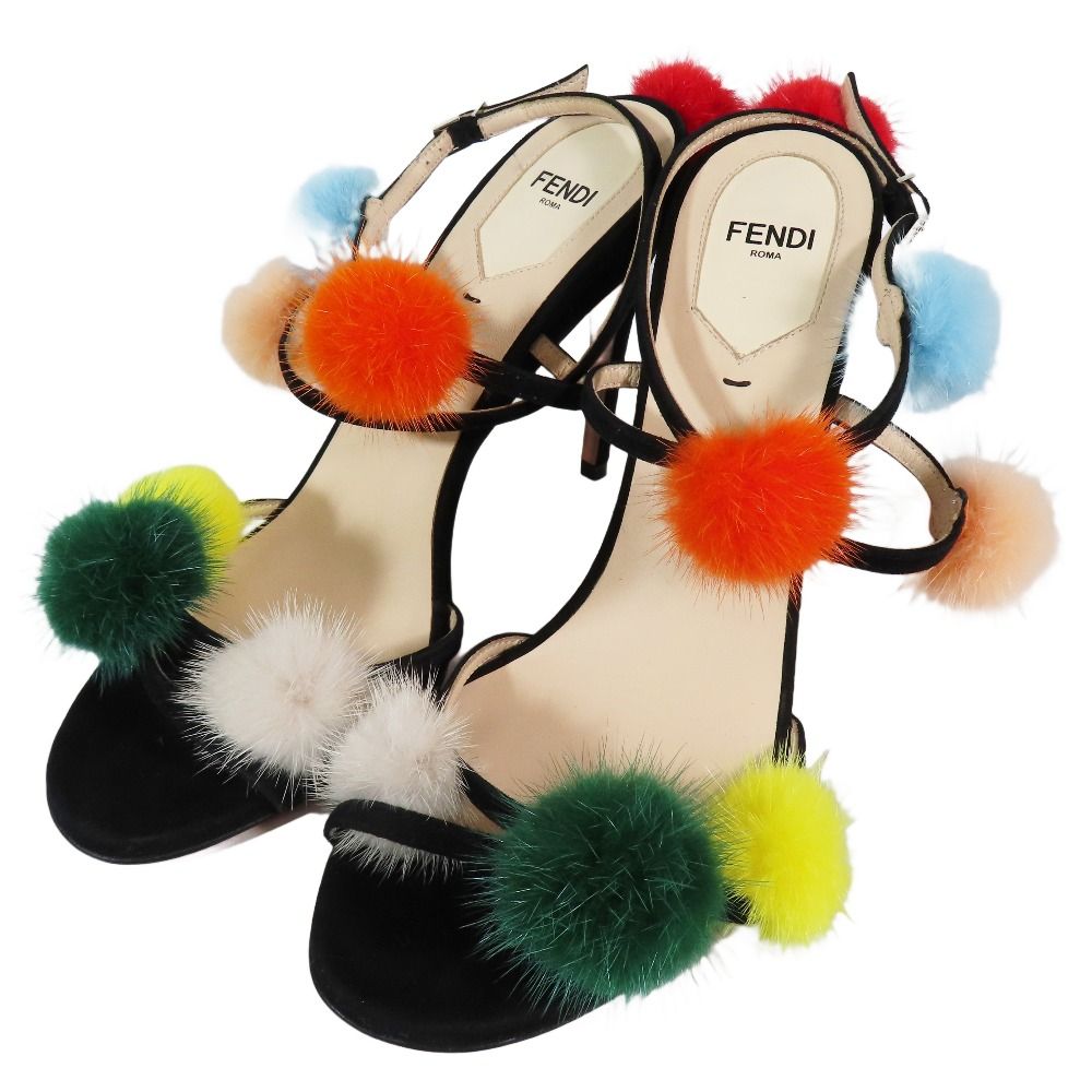 Fendi Fur Pom Sandals High Heels Shoes Ankle Strap Suede Leather 39 Black — view 2