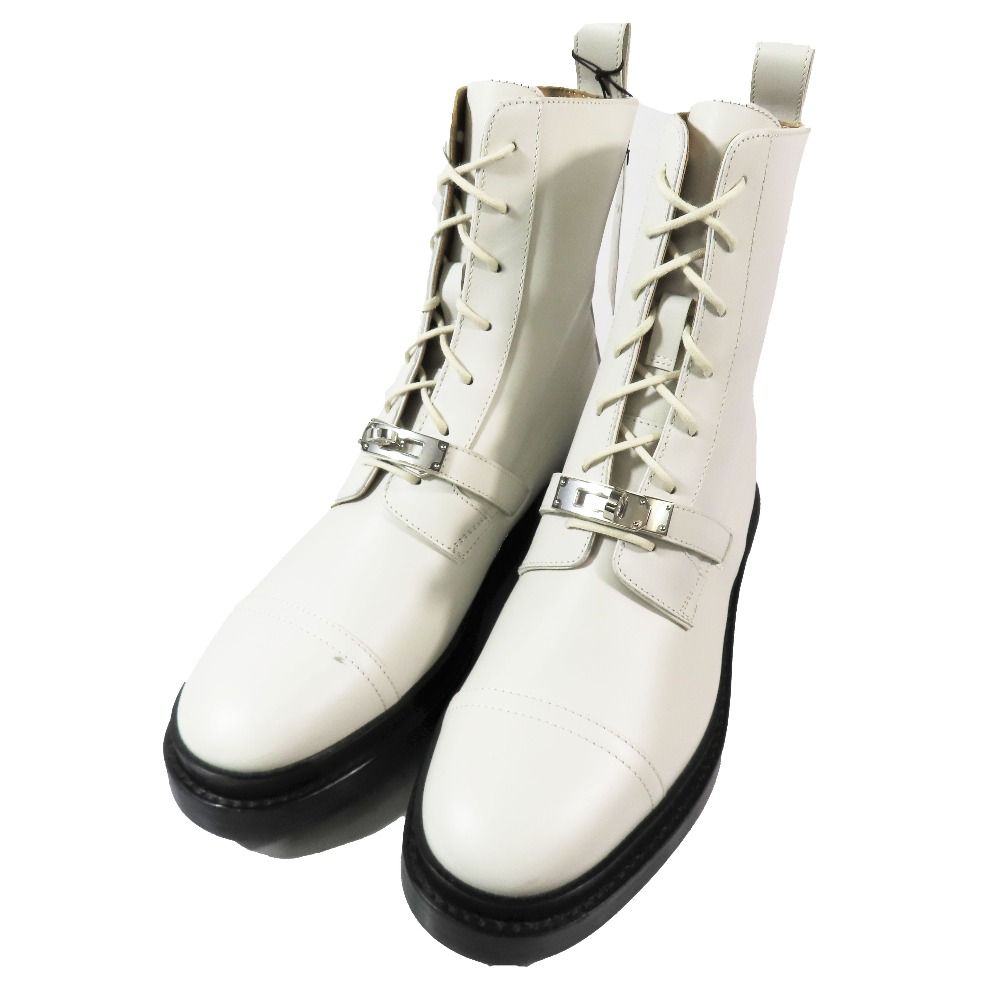 Hermes Funk Kelly Buckle Leather Short Boots Lace Up Shoes White — view 3