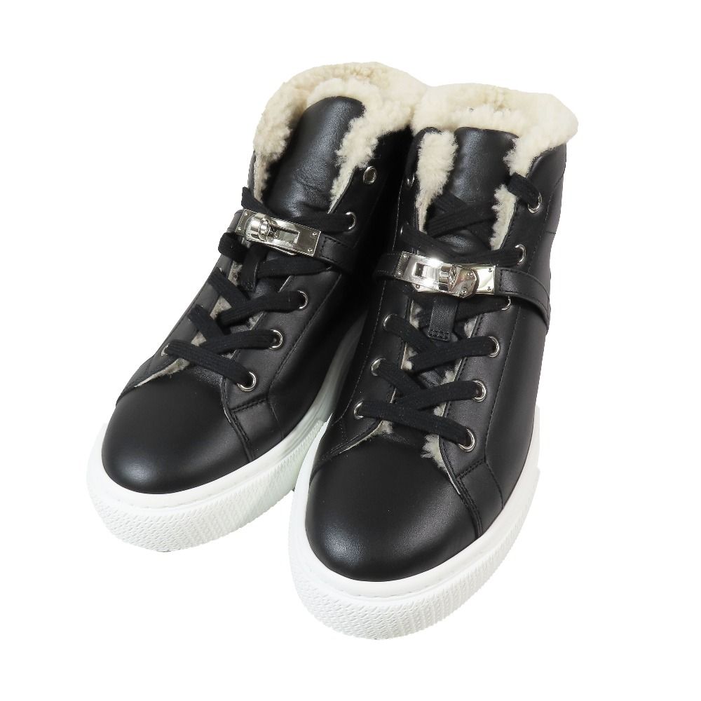 Hermes Day Kelly Buckle Silver Shearling Leather Short Boots Shoes Black — view 3