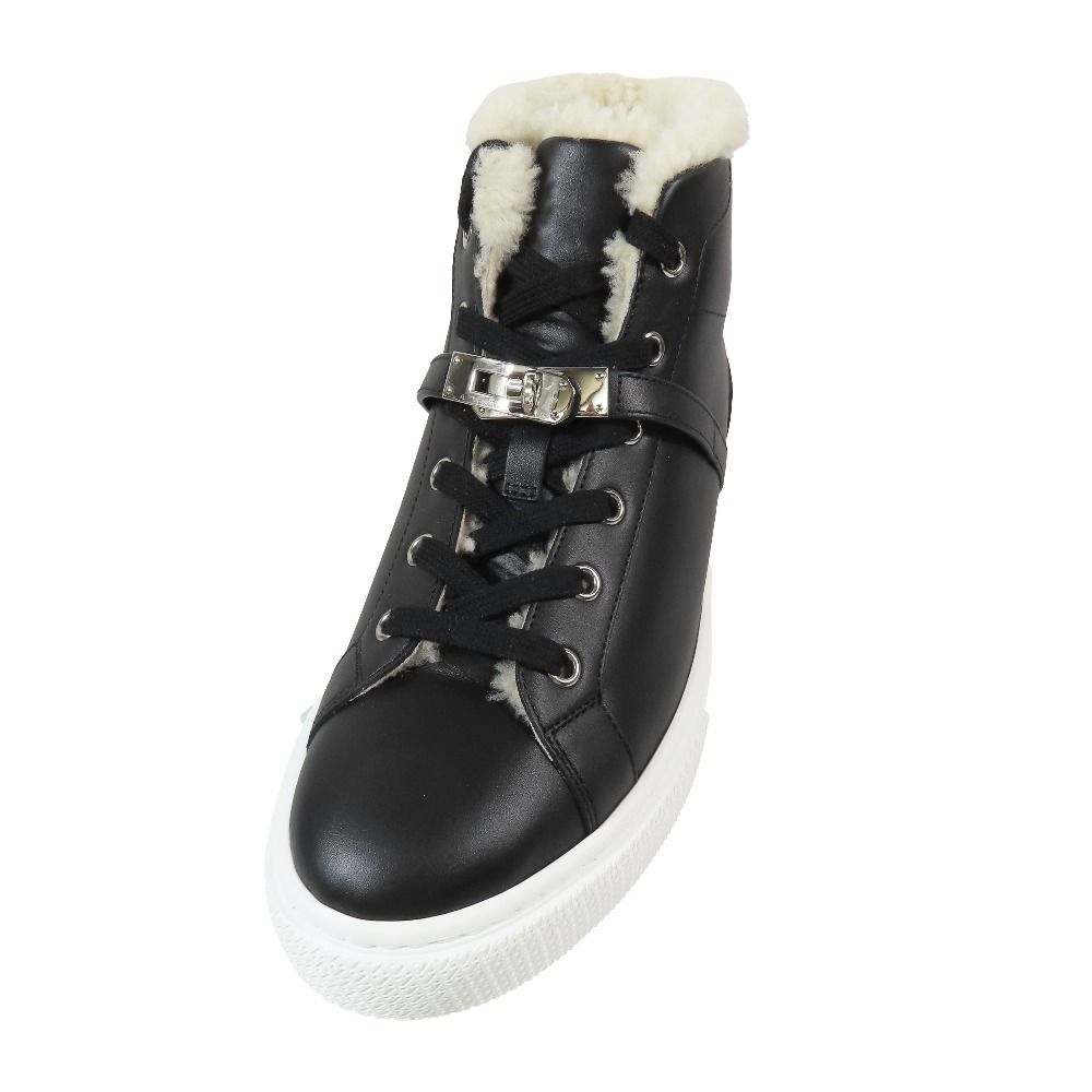 Hermes Day Kelly Buckle Silver Shearling Leather Short Boots Shoes Black — view 4